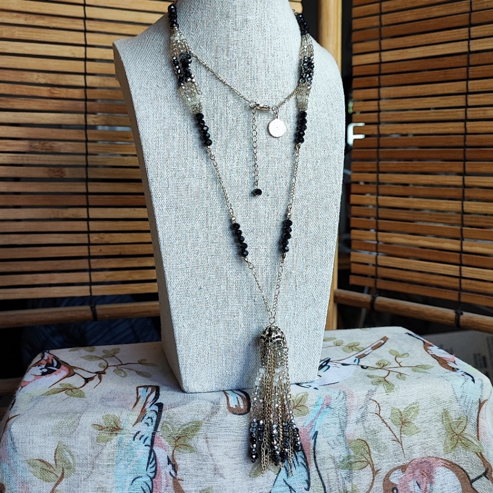 White House Black Market Faceted Crystal Gold Tone Tassel Long Beaded Necklace